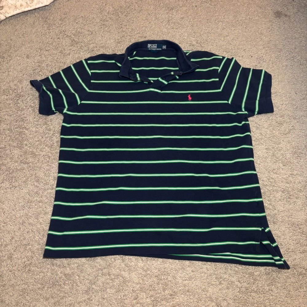 Polo Ralph Lauren Men XXL Custom Fit Striped Polo Shirt Navy Blue Green Red Pony
